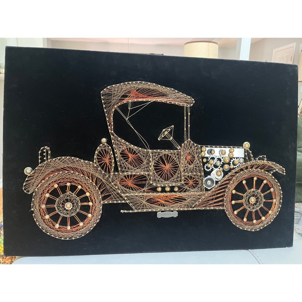Vintage Mixed‎ Metal string art Car on velvet